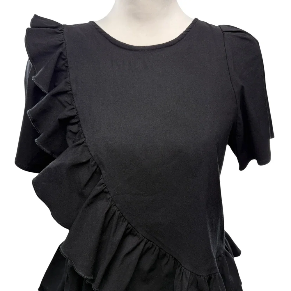 Sea New York Structured Cross Over‎ Ruffle Top Women's Size 8 Peplum Black
